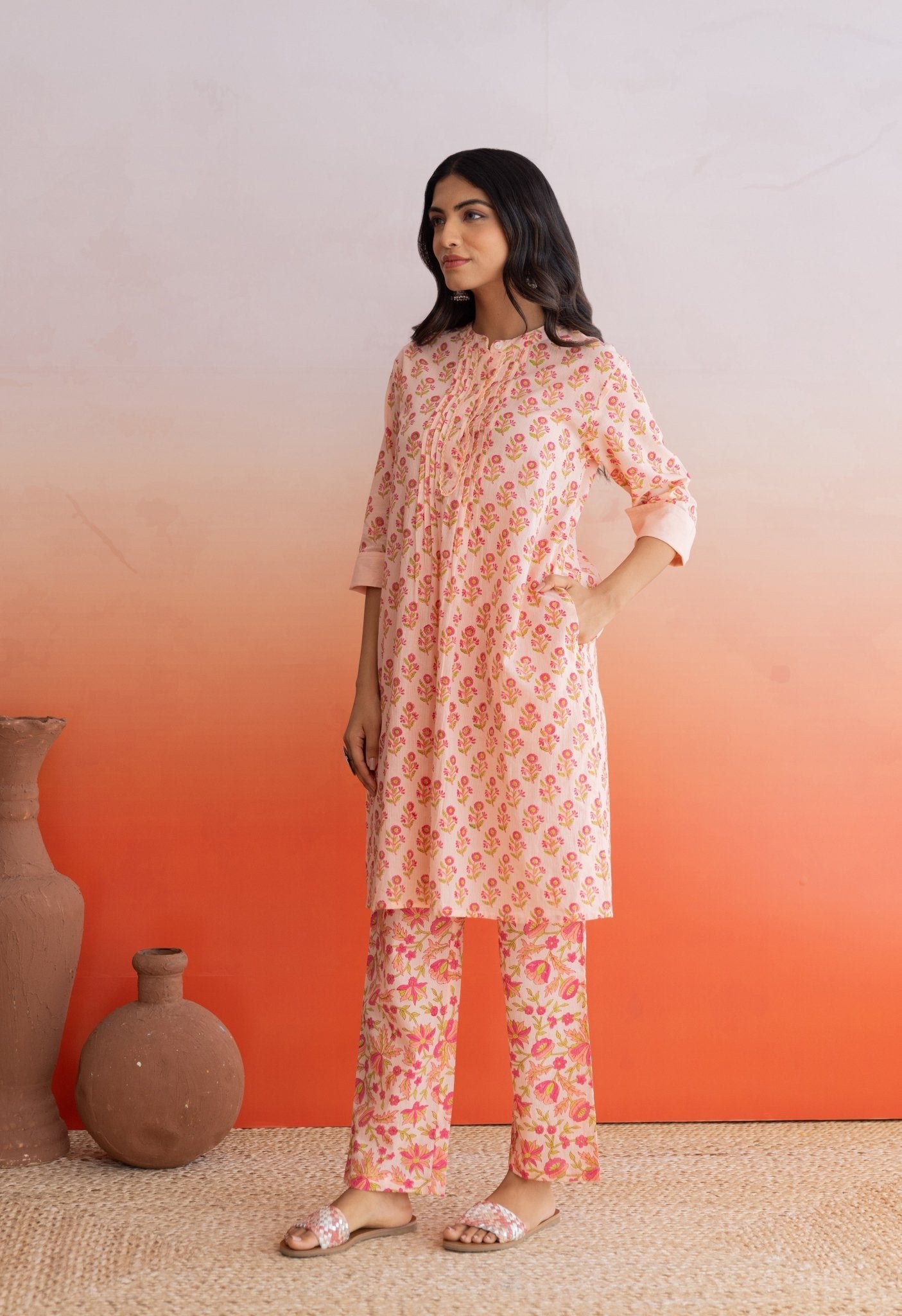 PEACH FLORAL HAND BLOCK PRINTED COORDSET - Tara - C - Tara