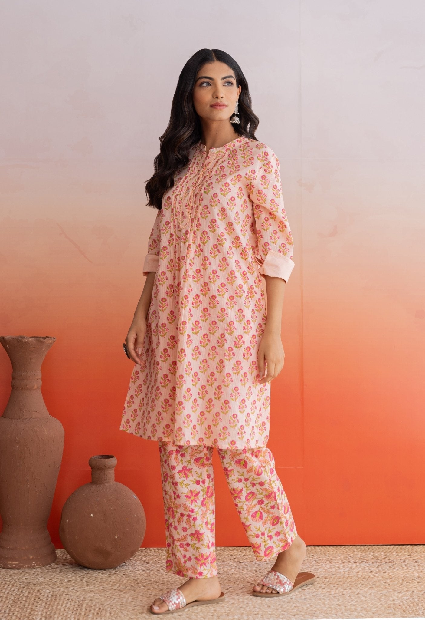 PEACH FLORAL HAND BLOCK PRINTED COORDSET - Tara - C - Tara