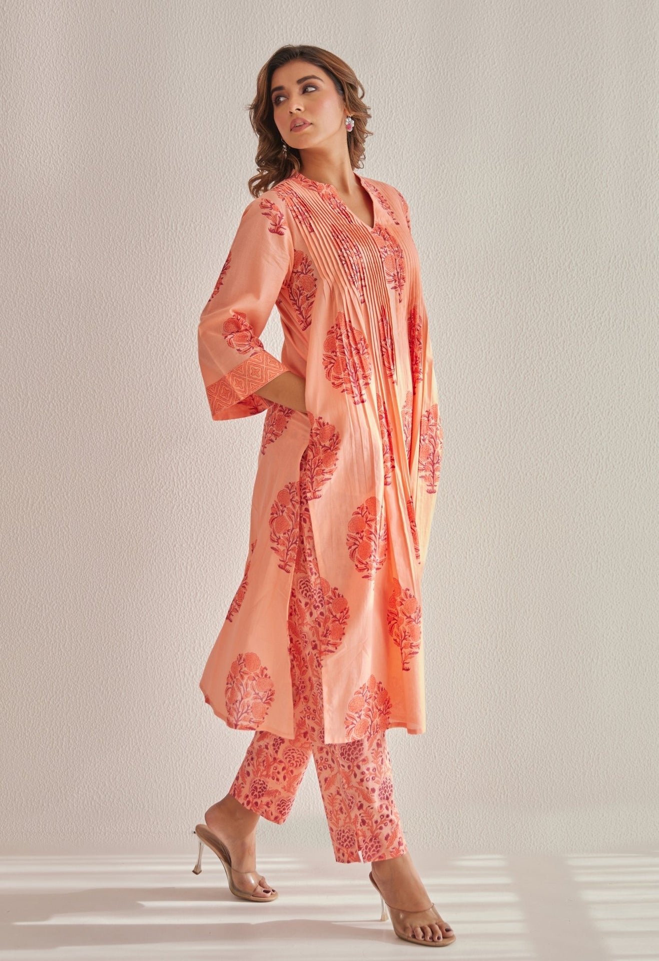 Peach Hand Block Printed Coord Set - Tara - C - Tara