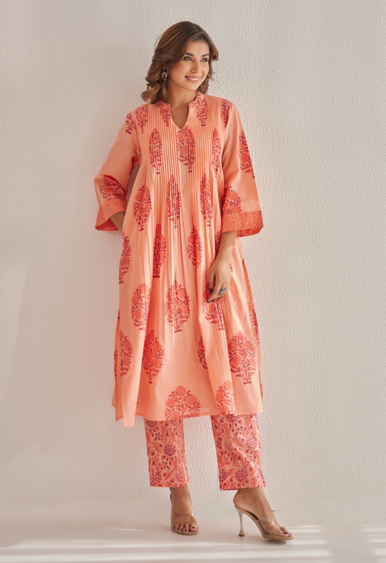 Peach Hand Block Printed Coord Set - Tara - C - Tara