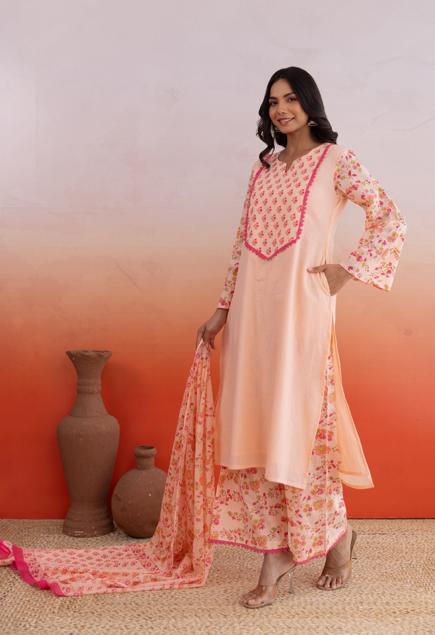 Peach Hand block Printed Kurta Set With Doriya Dupatta - Tara - C - Tara