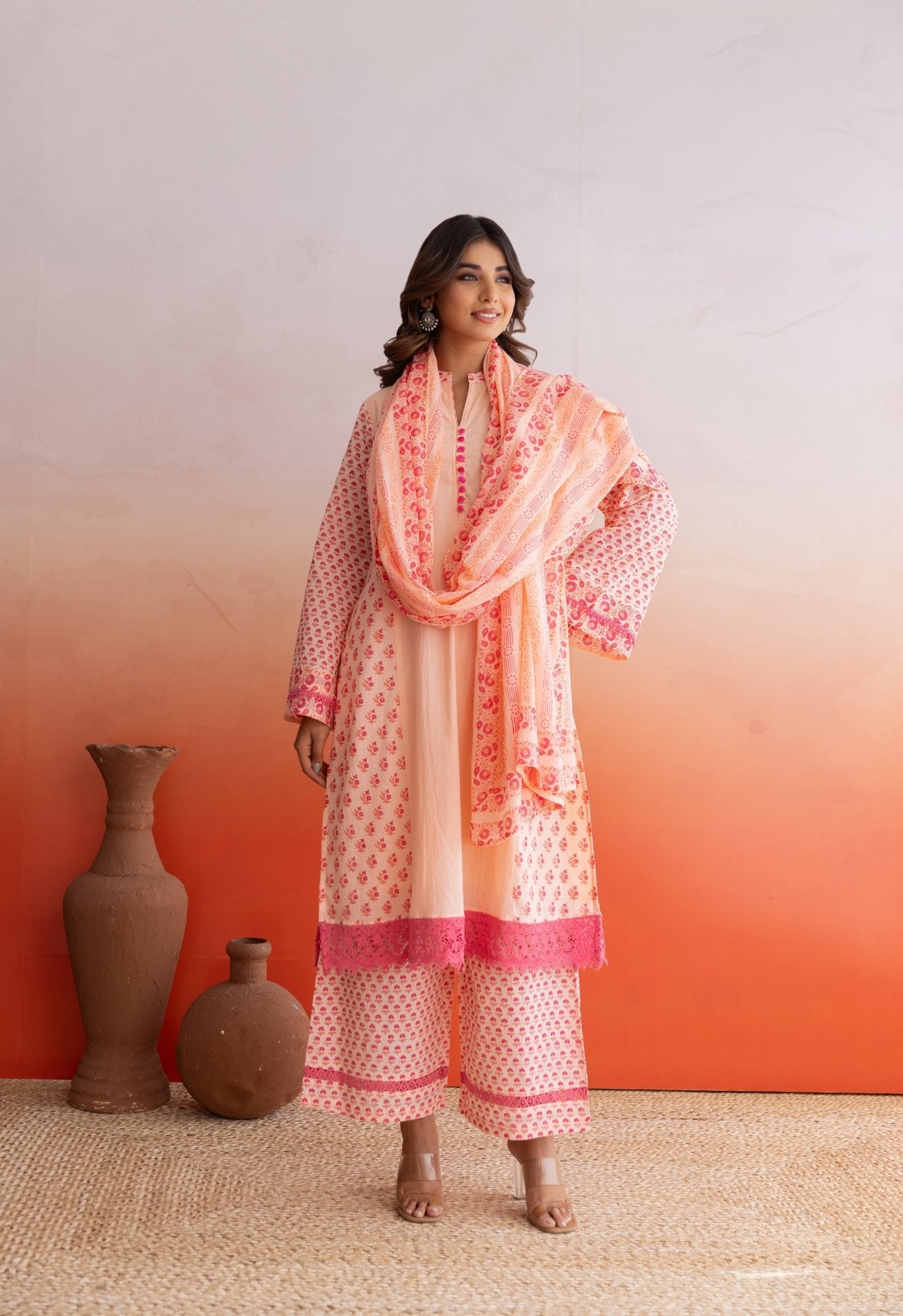 Peach Hand Block Printed Kurta Set With Doriya Dupatta - Tara - C - Tara