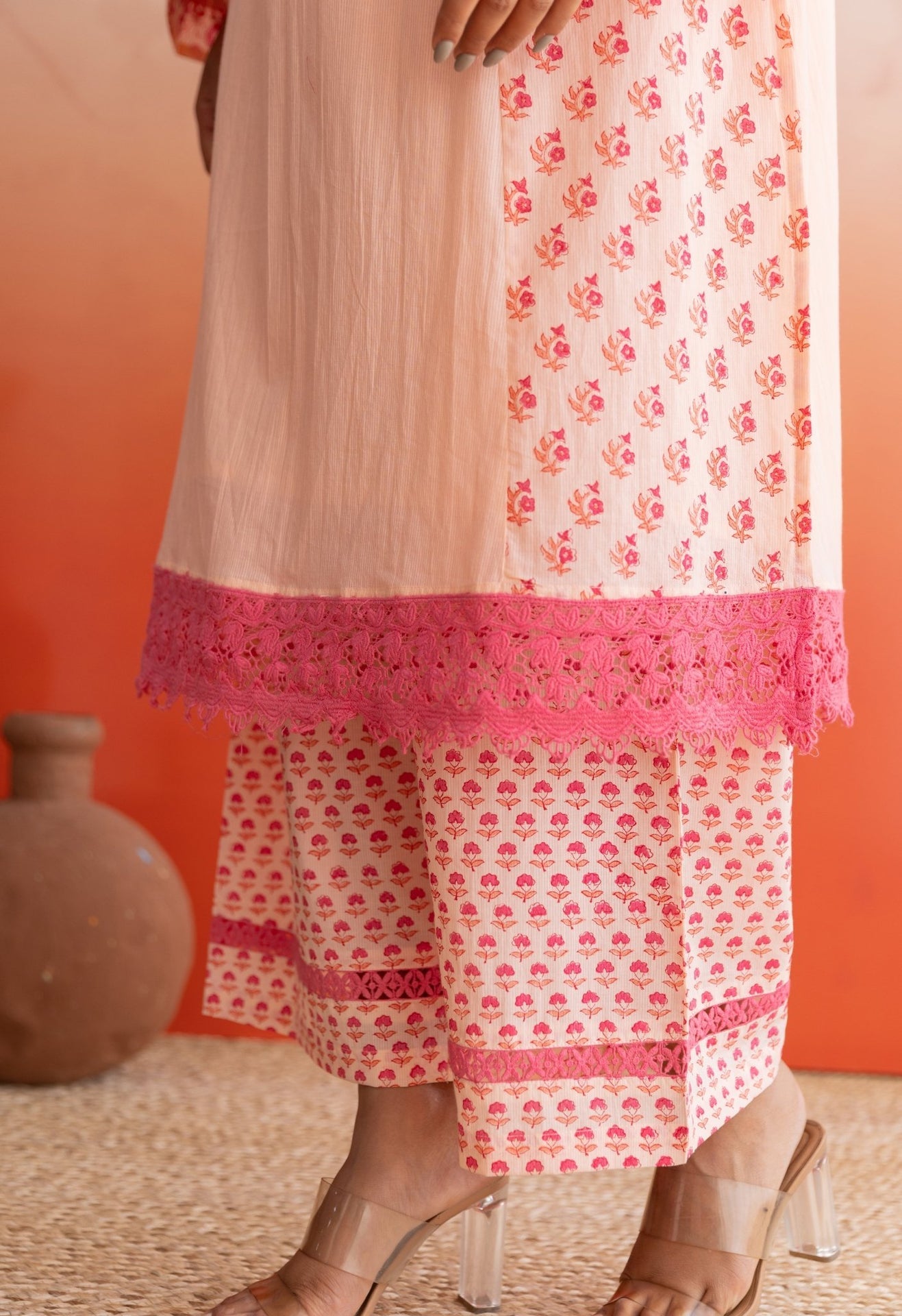 Peach Hand Block Printed Kurta Set With Doriya Dupatta - Tara - C - Tara