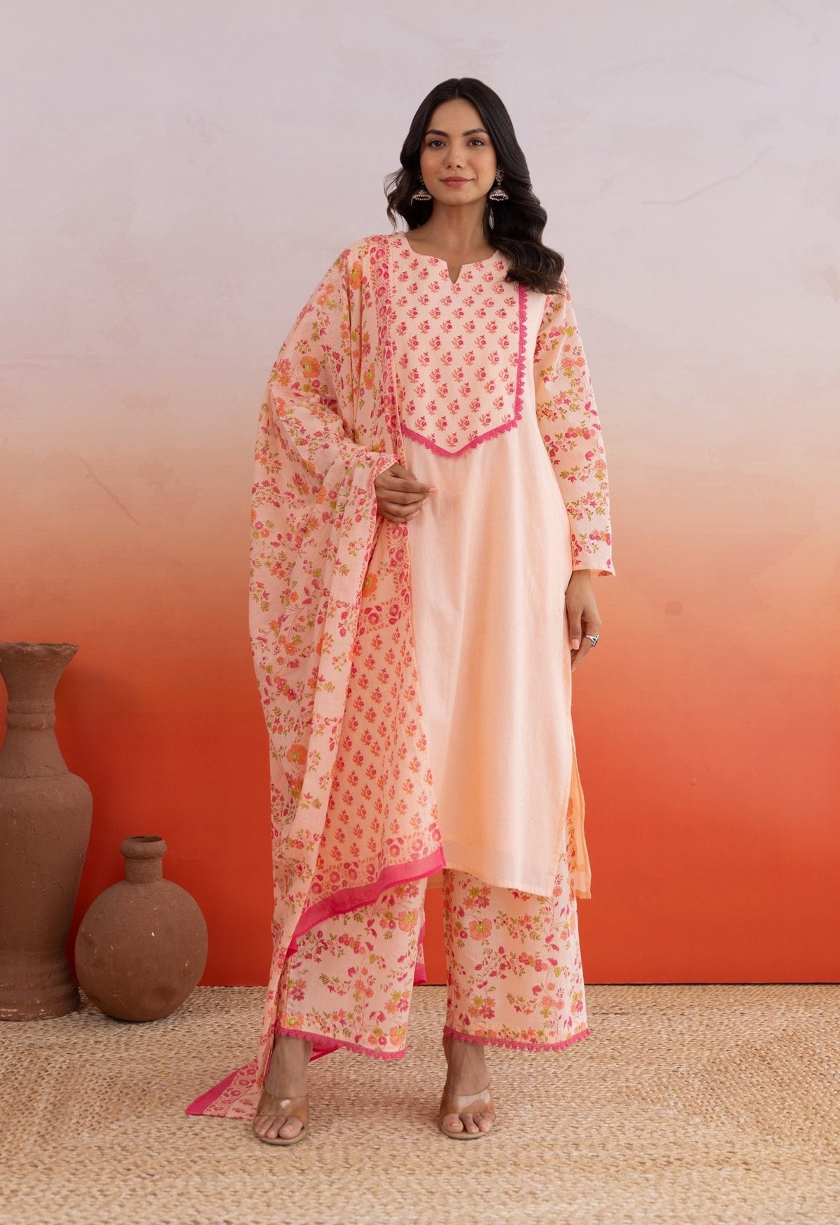 Peach Hand block Printed Kurta Set With Doriya Dupatta - Tara - C - Tara