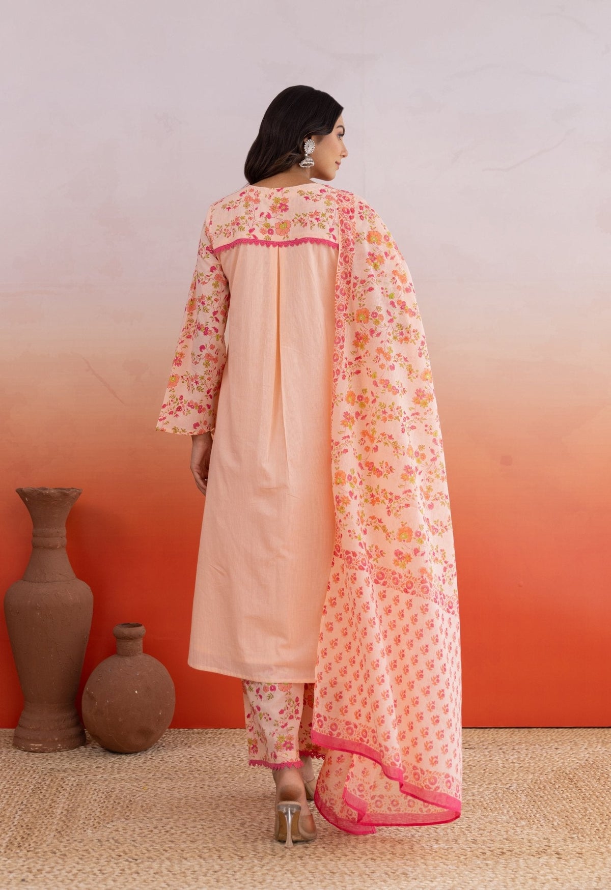 Peach Hand block Printed Kurta Set With Doriya Dupatta - Tara - C - Tara