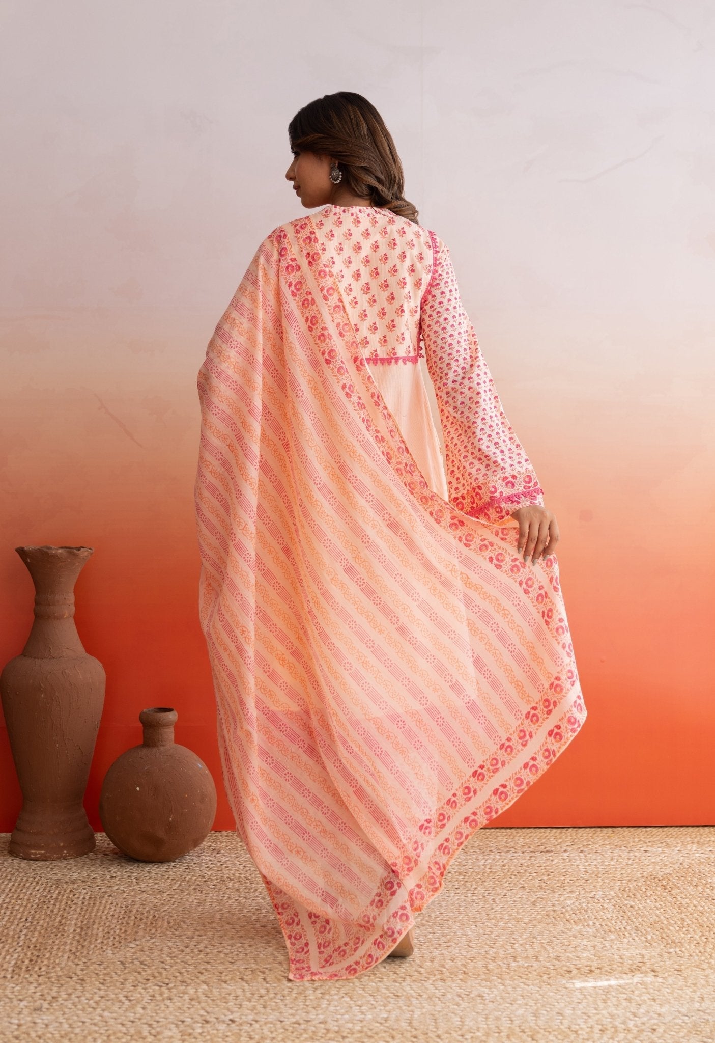 Peach Hand Block Printed Kurta Set With Doriya Dupatta - Tara - C - Tara