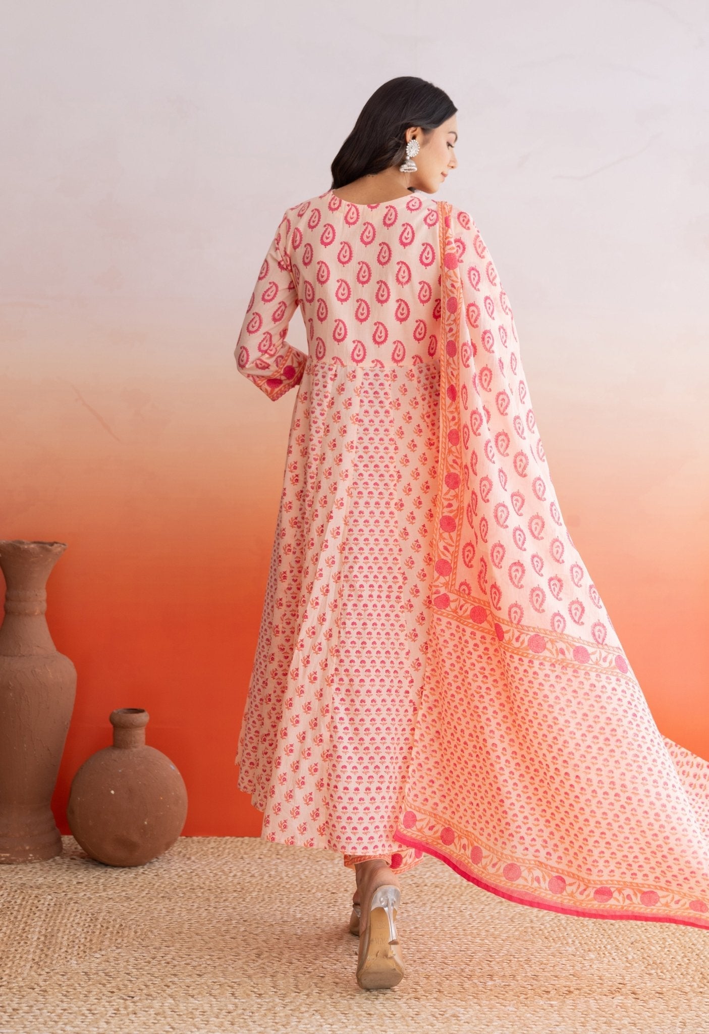 Peach Hand Block Printed Strappy Suit Set With Doriya Dupatta - Tara - C - Tara