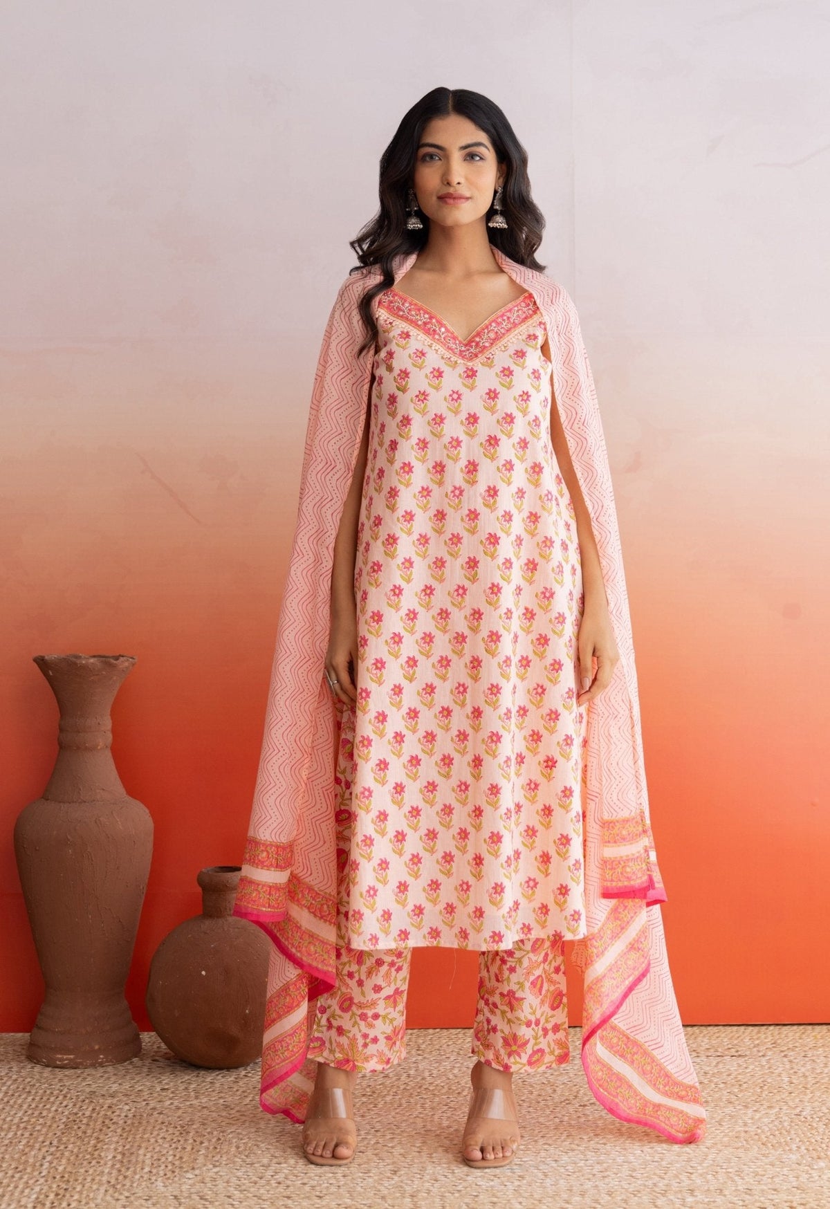 Peach Hand Block Printed Strappy Suit Set With Doriya Dupatta - Tara - C - Tara