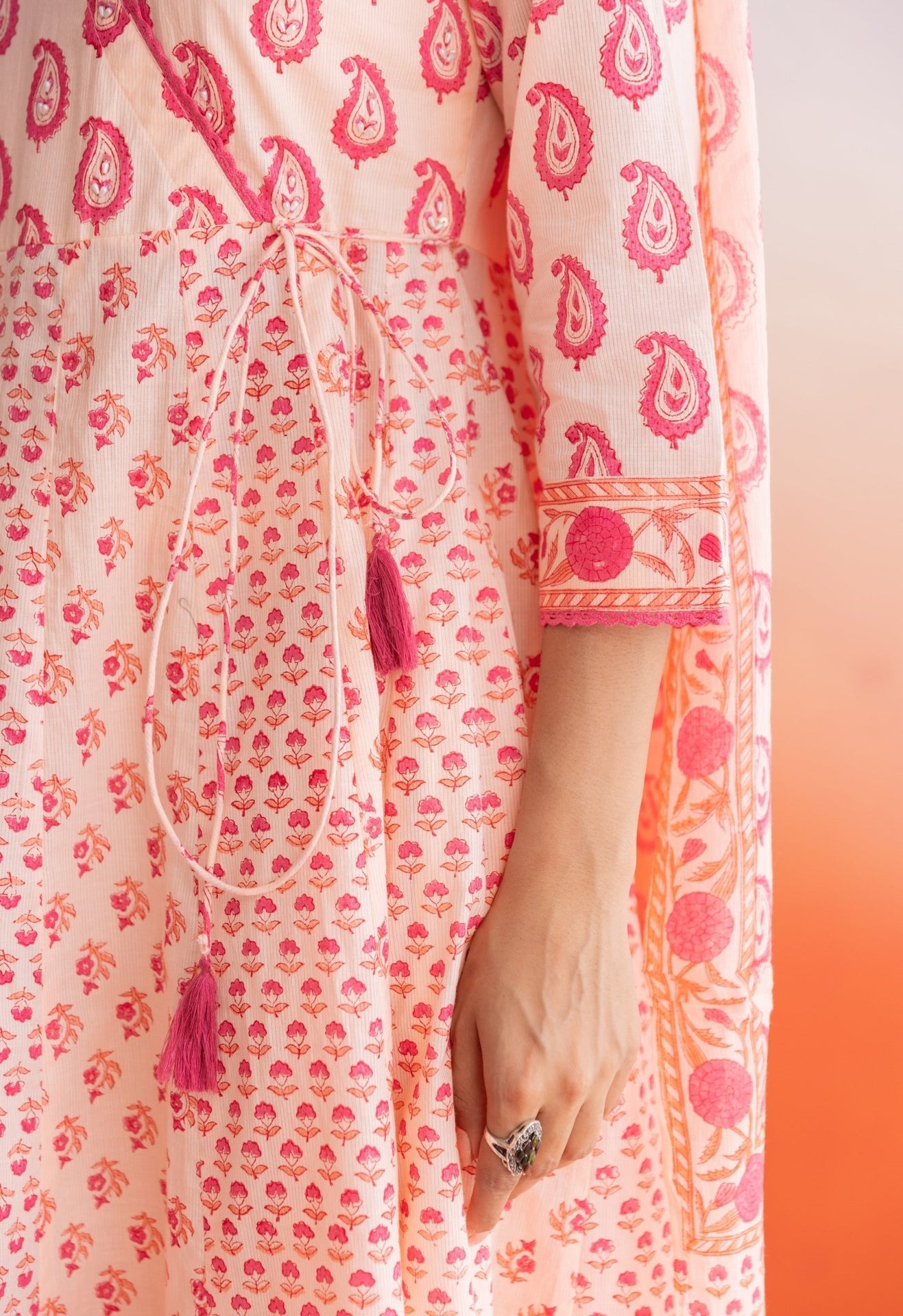 Peach Hand Block Printed Strappy Suit Set With Doriya Dupatta - Tara - C - Tara