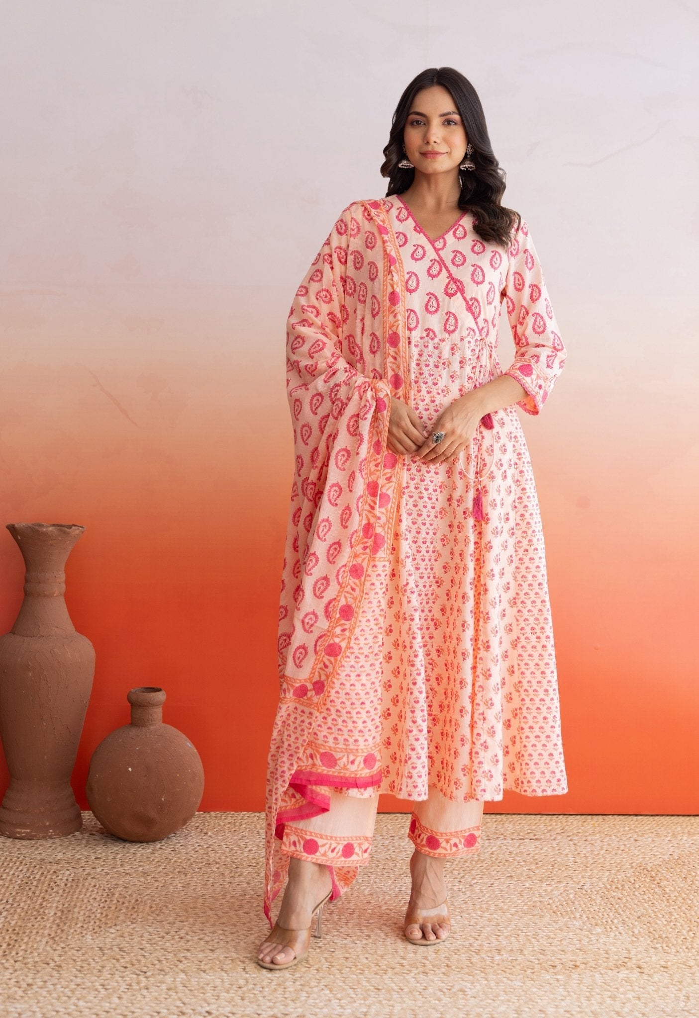 Peach Hand Block Printed Strappy Suit Set With Doriya Dupatta - Tara - C - Tara