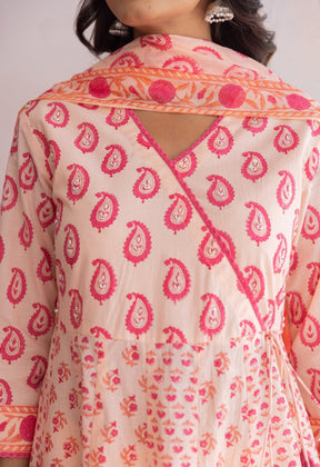 Peach Hand Block Printed Strappy Suit Set With Doriya Dupatta - Tara - C - Tara