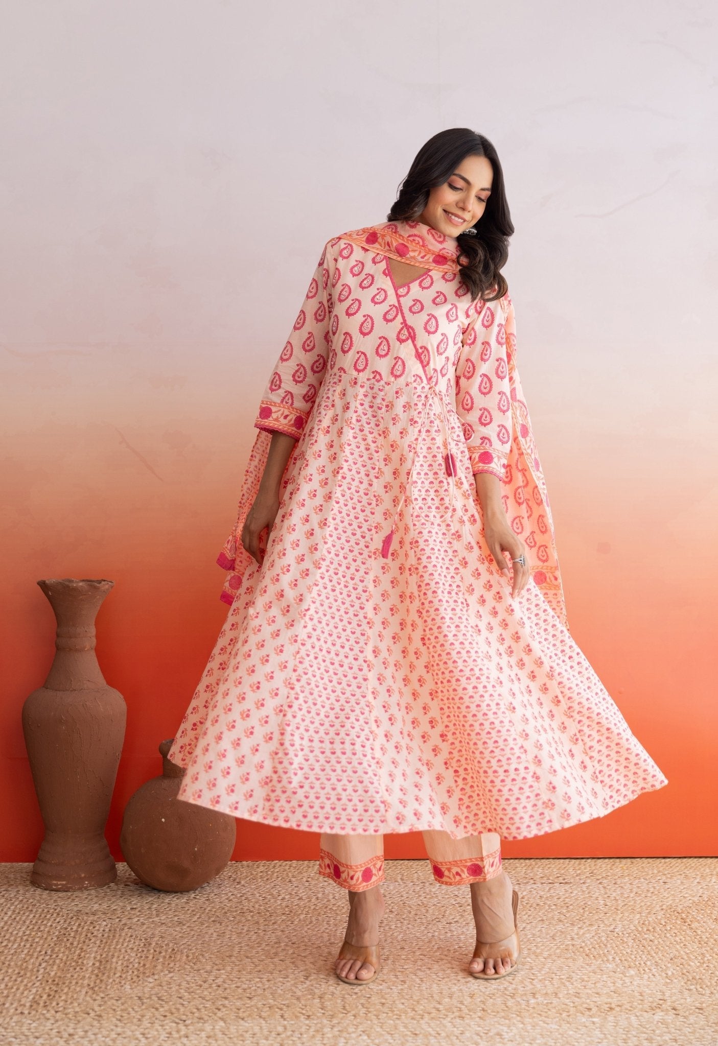 Peach Hand Block Printed Strappy Suit Set With Doriya Dupatta - Tara - C - Tara