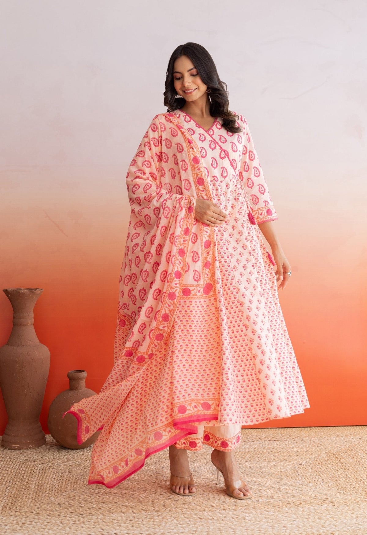 Peach Hand Block Printed Strappy Suit Set With Doriya Dupatta - Tara - C - Tara