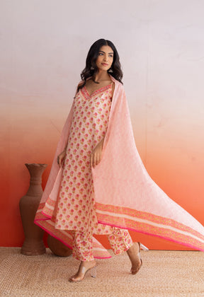 Peach Hand Block Printed Strappy Suit Set With Doriya Dupatta - Tara - C - Tara