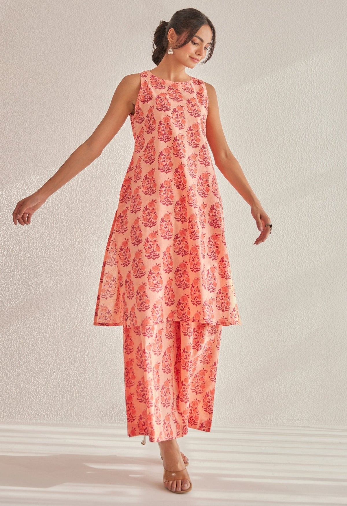 Peach Off Sleeves floral Buta Hand Block Printed Coord Set - Tara - C - Tara