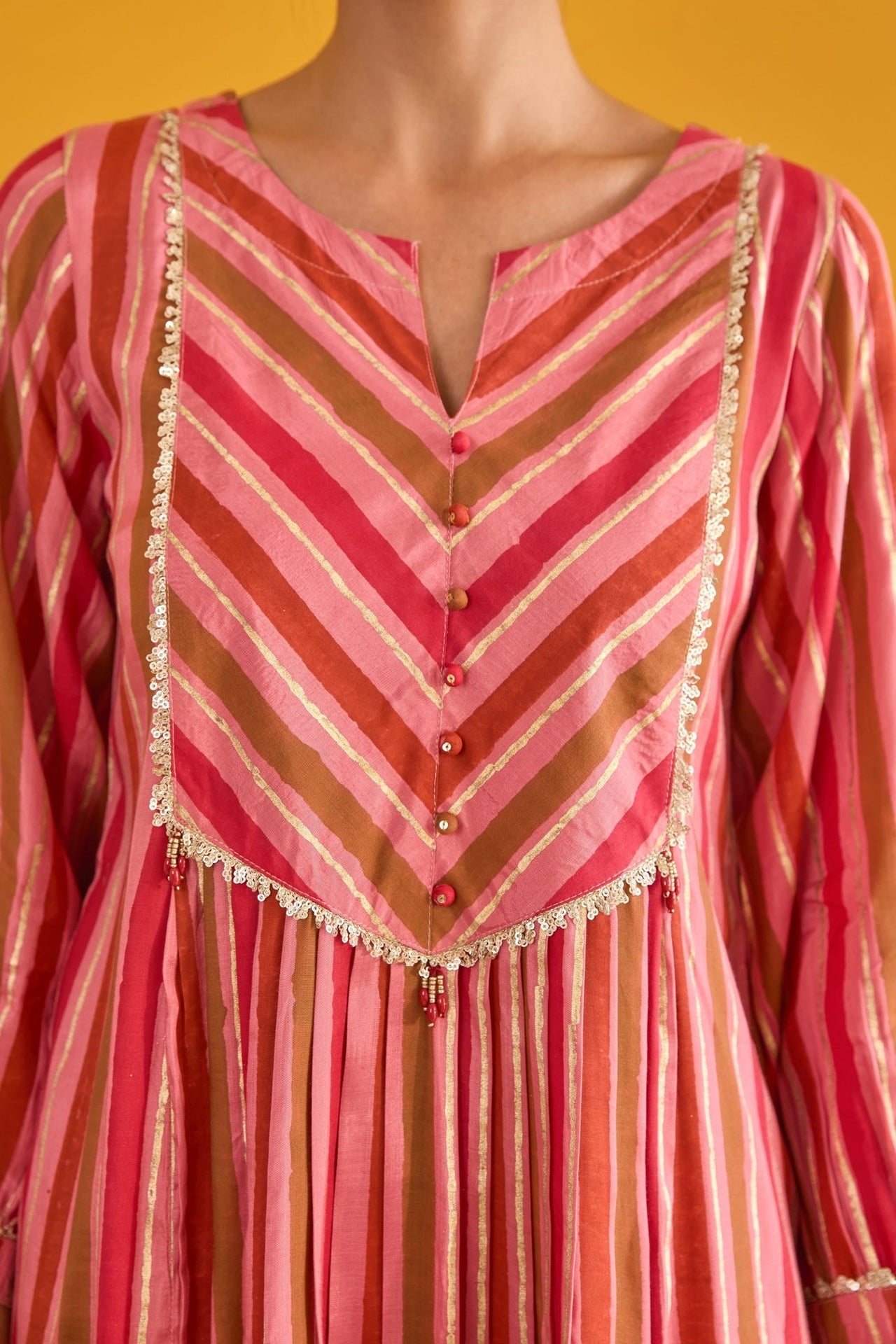 Peach Pink Hand Block Printed Kurta with Solid Farshi Pants - Tara - C - Tara