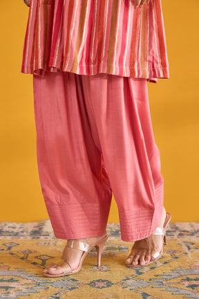 Peach Pink Hand Block Printed Kurta with Solid Farshi Pants - Tara - C - Tara