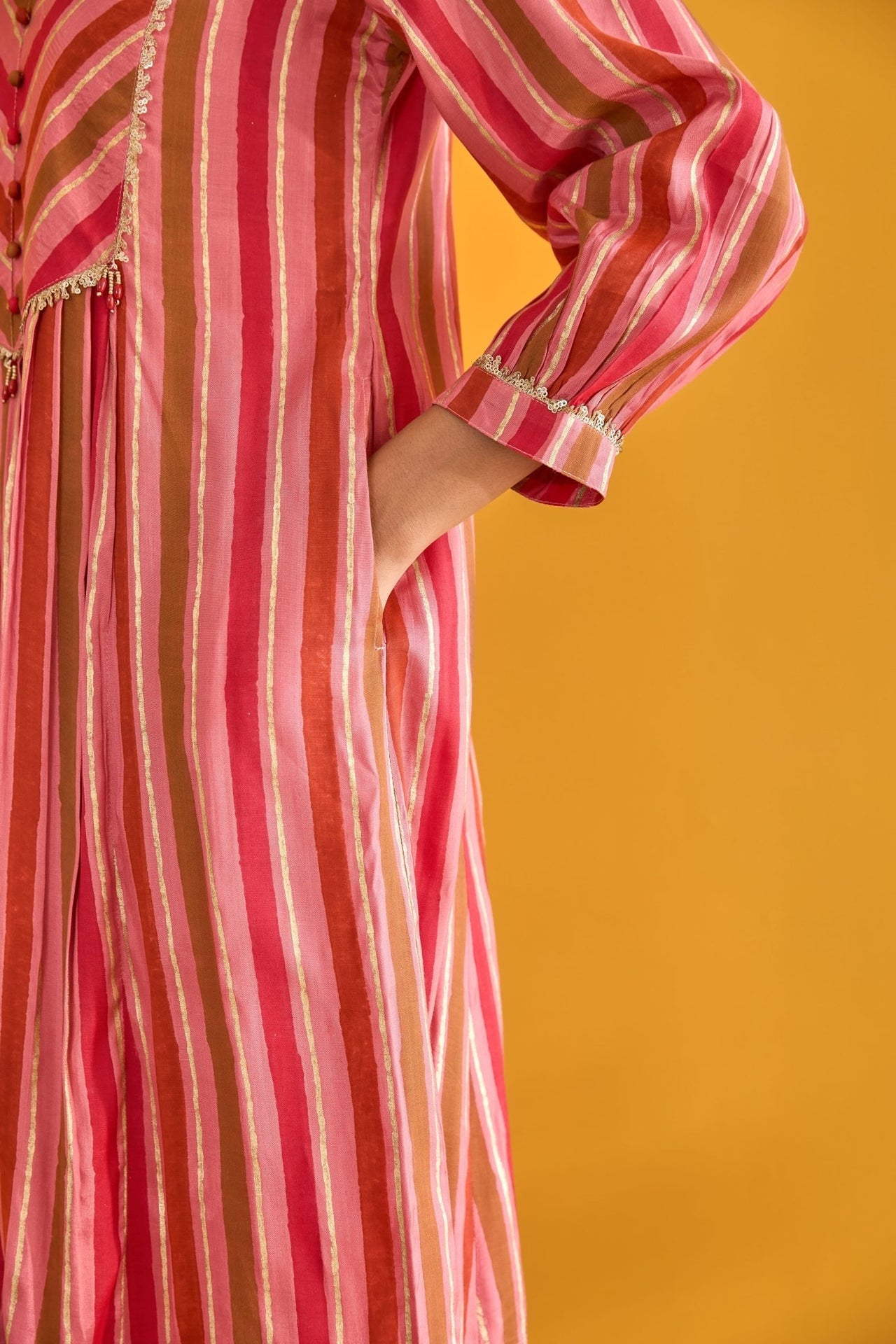 Peach Pink Hand Block Printed Kurta with Solid Farshi Pants - Tara - C - Tara