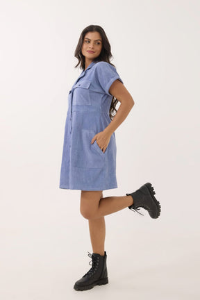Periwinkle Blue Corduroy Utility Shirt Dress - Tara - C - Tara