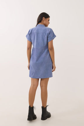 Periwinkle Blue Corduroy Utility Shirt Dress - Tara - C - Tara