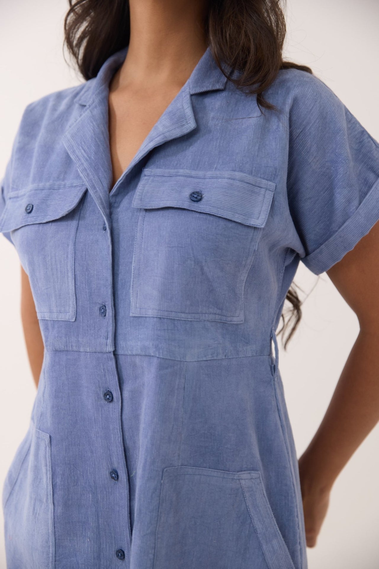 Periwinkle Blue Corduroy Utility Shirt Dress - Tara - C - Tara