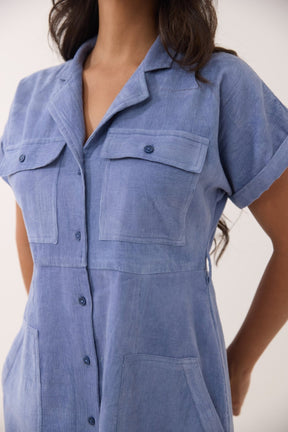 Periwinkle Blue Corduroy Utility Shirt Dress - Tara - C - Tara