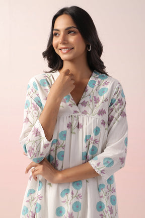 PINK AND BLUE FLORAL HAND BLOCK PRINTED TUNIC - Tara-C-Tara