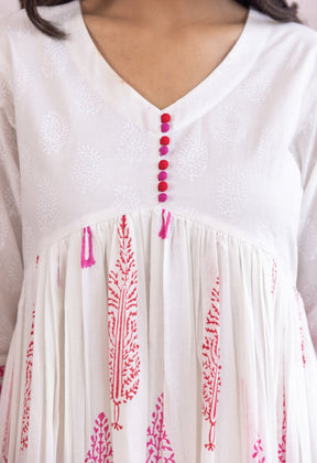 PINK AND RED HAND BLOCK PRINTED GATHERED ANARAKLI WITH DORIYA AND BOTTOMS - Tara - C - Tara