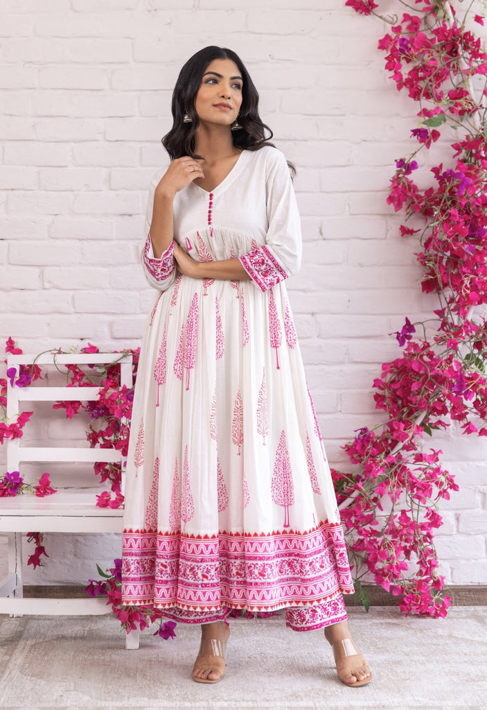 PINK AND RED HAND BLOCK PRINTED GATHERED ANARAKLI WITH DORIYA AND BOTTOMS - Tara - C - Tara