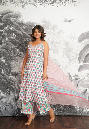 Pink - Blue Floral Printed Strappy Suit set - Tara - C - Tara