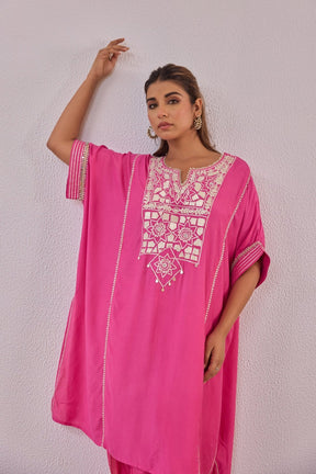 Pink Cotton Silk Embroidered Kaftan Set - Tara - C - Tara