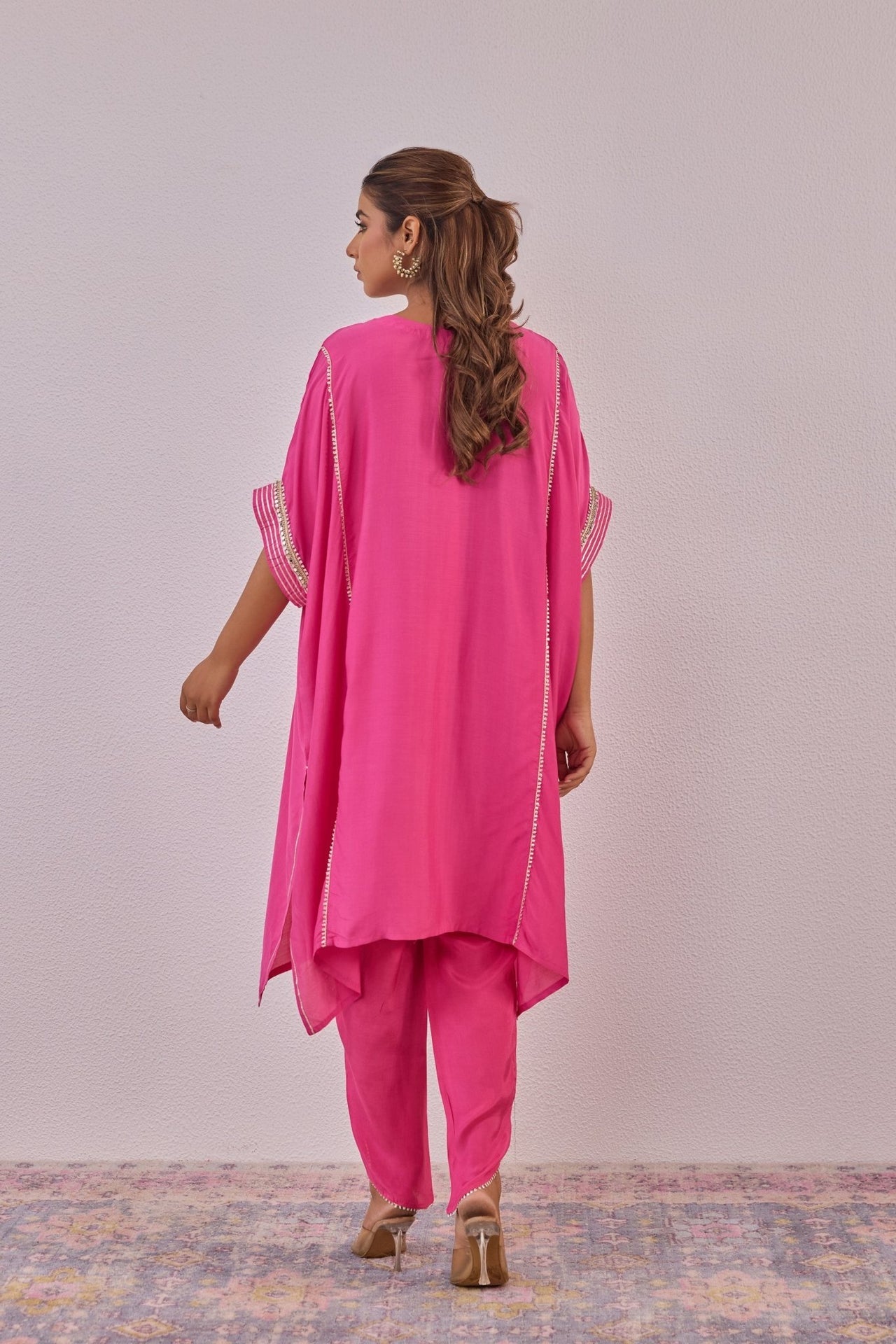 Pink Cotton Silk Embroidered Kaftan Set - Tara - C - Tara