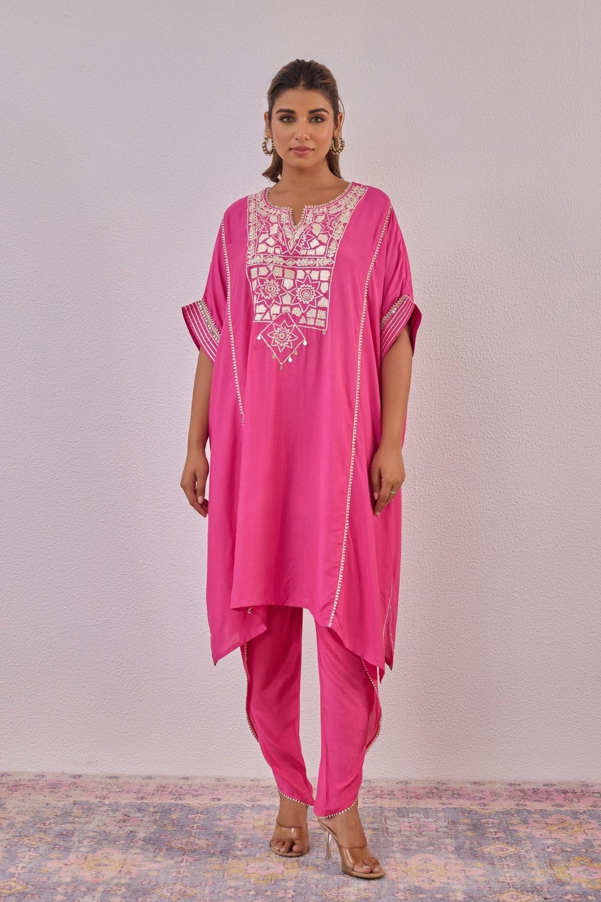 Pink Cotton Silk Embroidered Kaftan Set - Tara - C - Tara