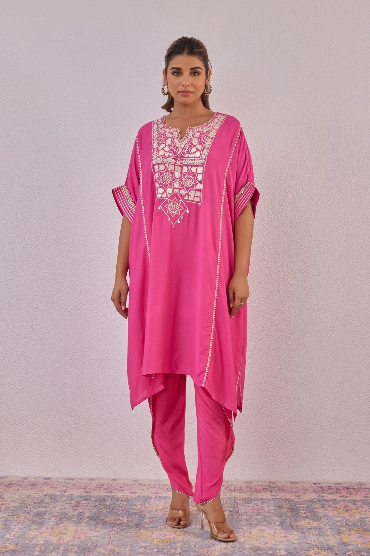 Pink Cotton Silk Embroidered Kaftan Set - Tara - C - Tara