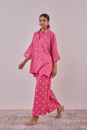 Pink Embroidered Bandhej Printed Coord Set With Palazzo Pant - Tara - C - Tara