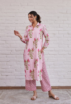 Pink floral Buta Hand block printed coord set - Tara-C-Tara