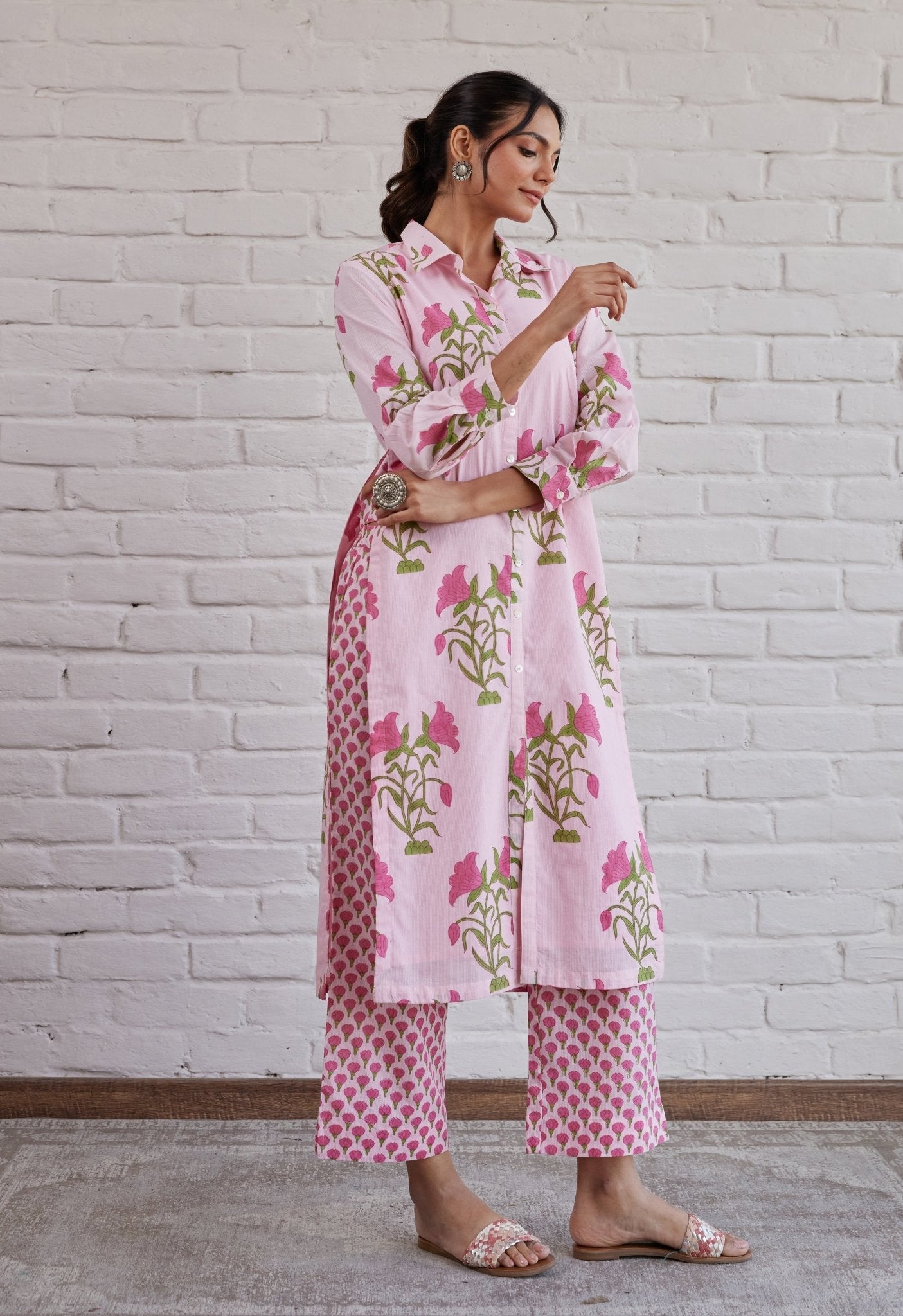 Pink floral Buta Hand block printed coord set - Tara-C-Tara