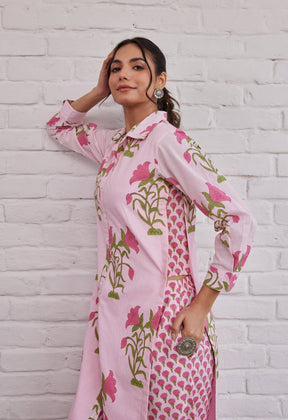 Pink floral Buta Hand block printed coord set - Tara-C-Tara