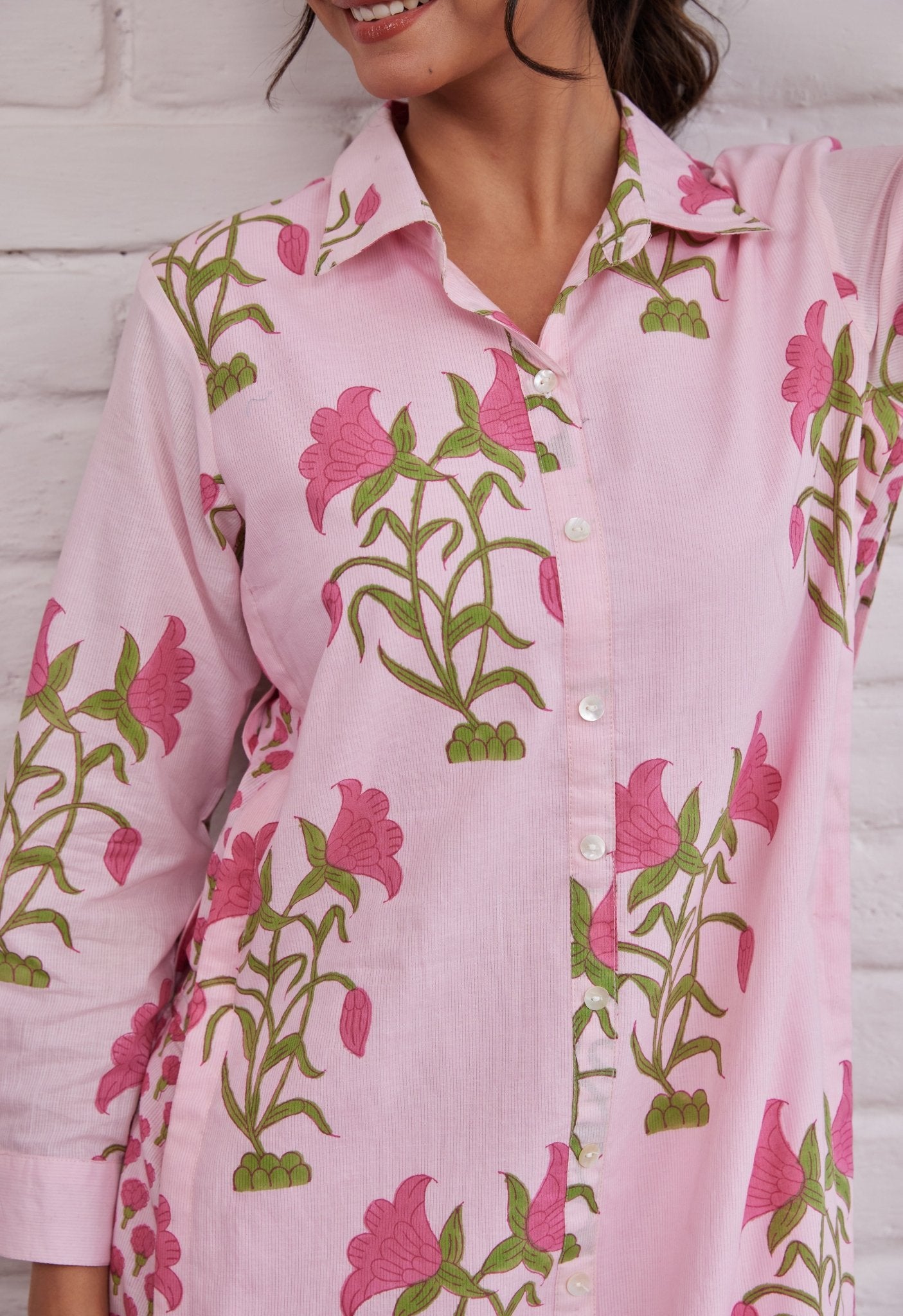 Pink Floral Buta Hand Block Printed Kurta - Tara - C - Tara