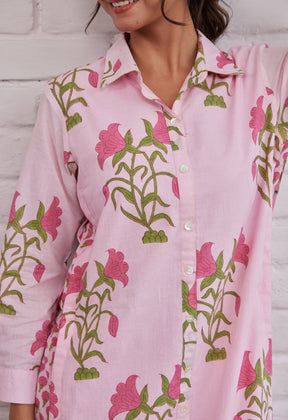 Pink Floral Buta Hand Block Printed Kurta - Tara - C - Tara