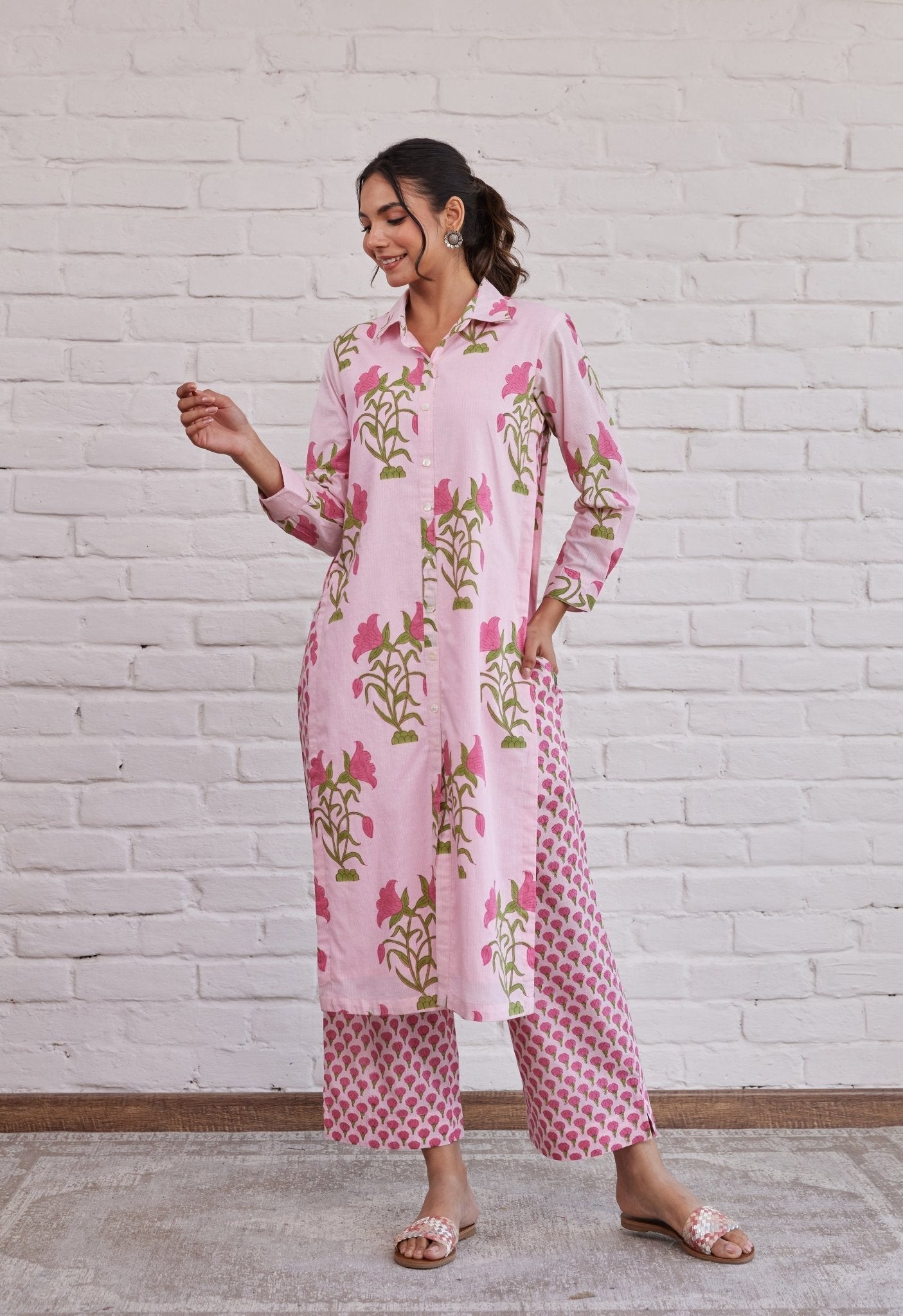 Pink Floral Buta Hand Block Printed Kurta - Tara - C - Tara