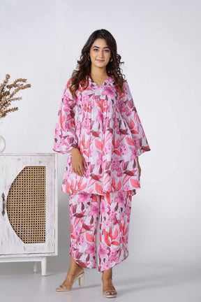 Pink Floral Digital Print gathered top and wrap dhoti pants Co-ord set - Tara-C-Tara