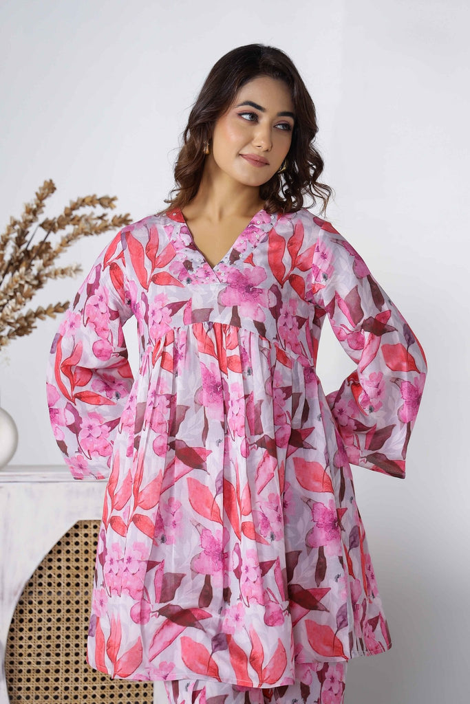 Pink Floral Digital Print gathered top and wrap dhoti pants Co-ord set - Tara-C-Tara