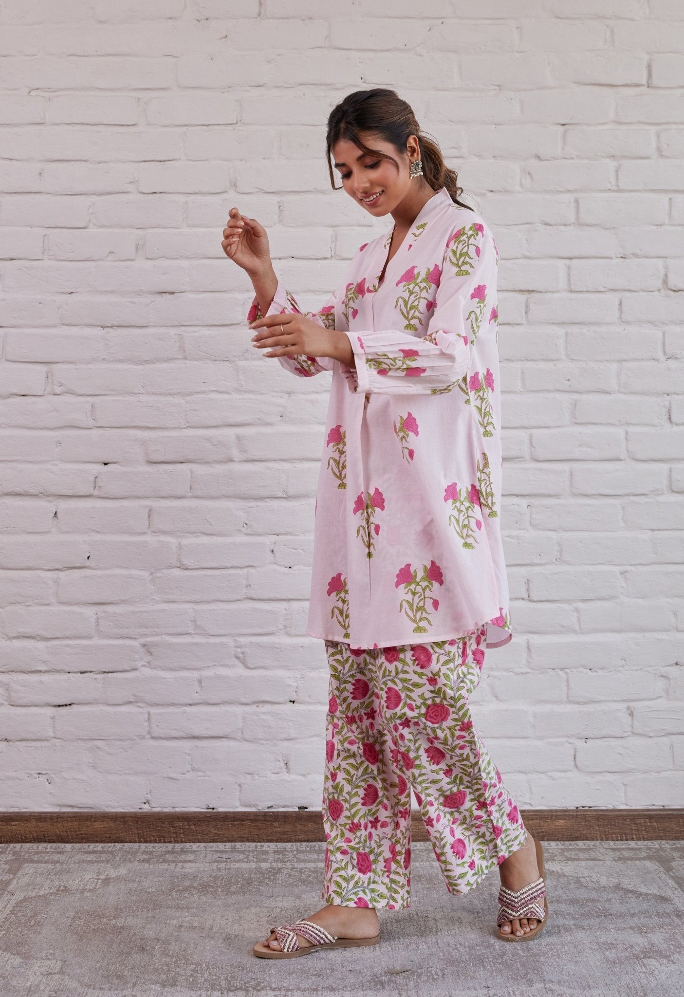 PINK FLORAL HAND BLOCK PRINTED COORD SET - Tara-C-Tara