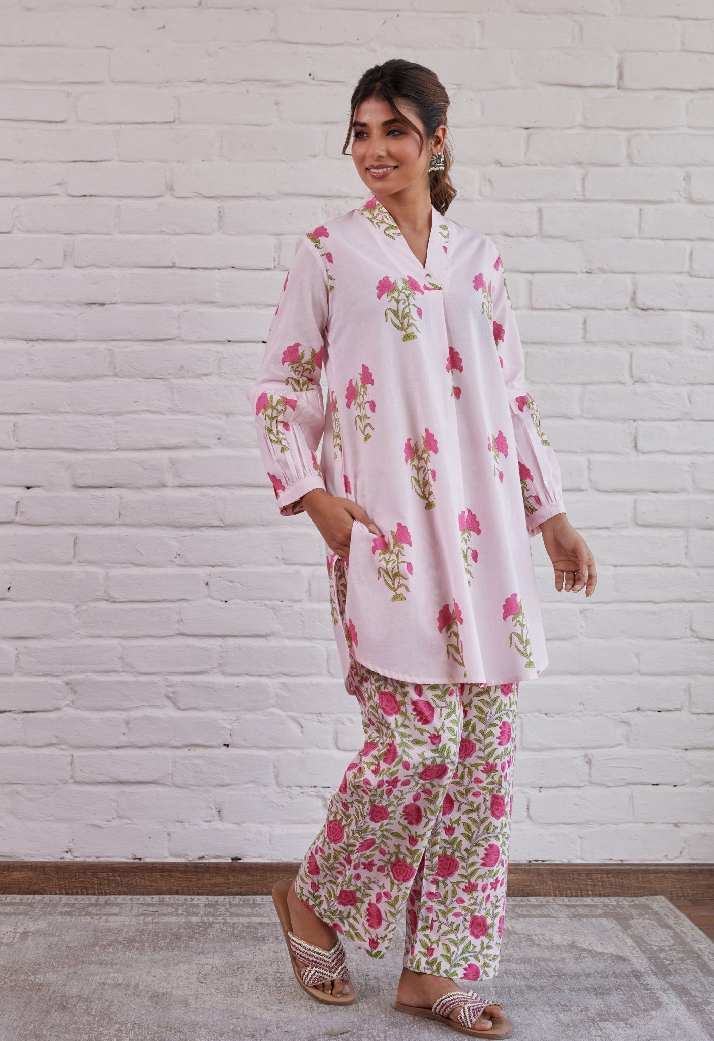 PINK FLORAL HAND BLOCK PRINTED COORD SET - Tara-C-Tara