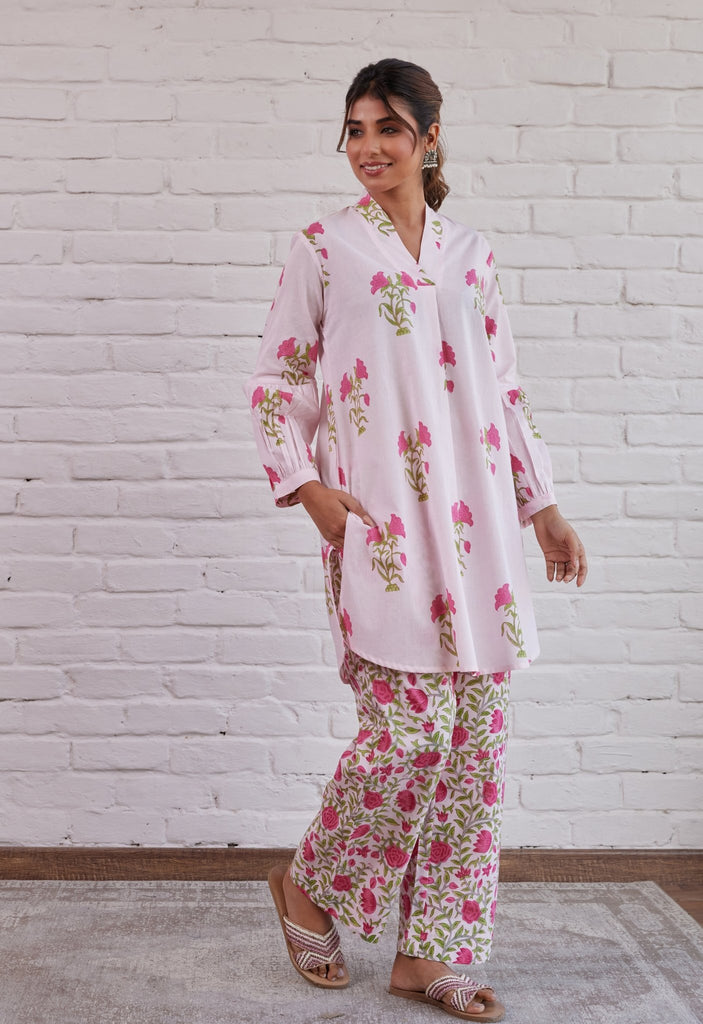 PINK FLORAL HAND BLOCK PRINTED COORD SET - Tara-C-Tara