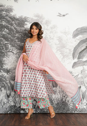 Pink - Green Floral Printed Strappy Suit set - Tara - C - Tara