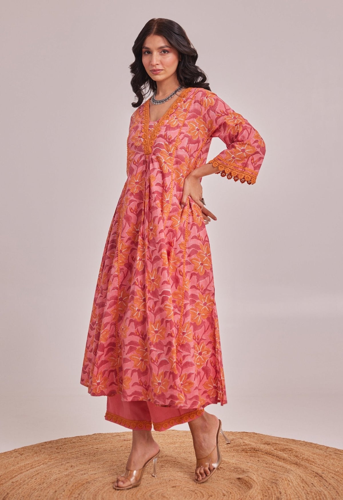 Pink Hand Block Printed Floral Coord Set - Tara - C - Tara