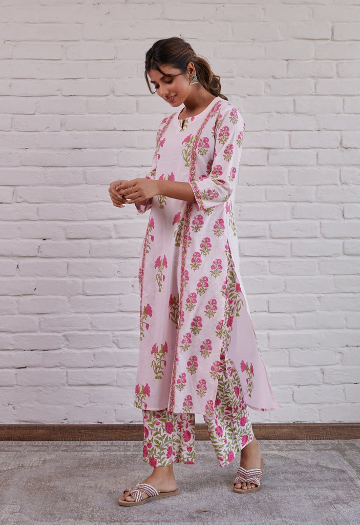 PINK HAND BLOCK PRINTED KURTA WITH PALAZZO - Tara-C-Tara