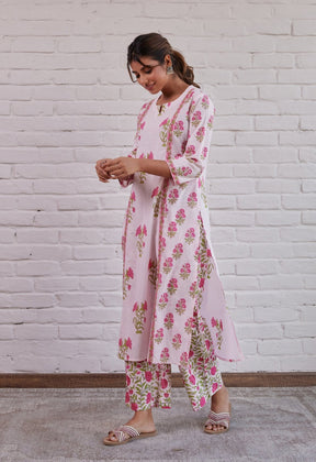 PINK HAND BLOCK PRINTED KURTA WITH PALAZZO - Tara-C-Tara